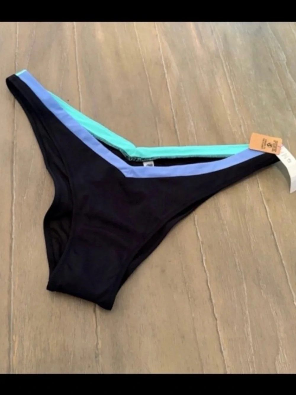 Pink by Victoria's Secret Black Bikini Bottom with Blue and Mint Trim